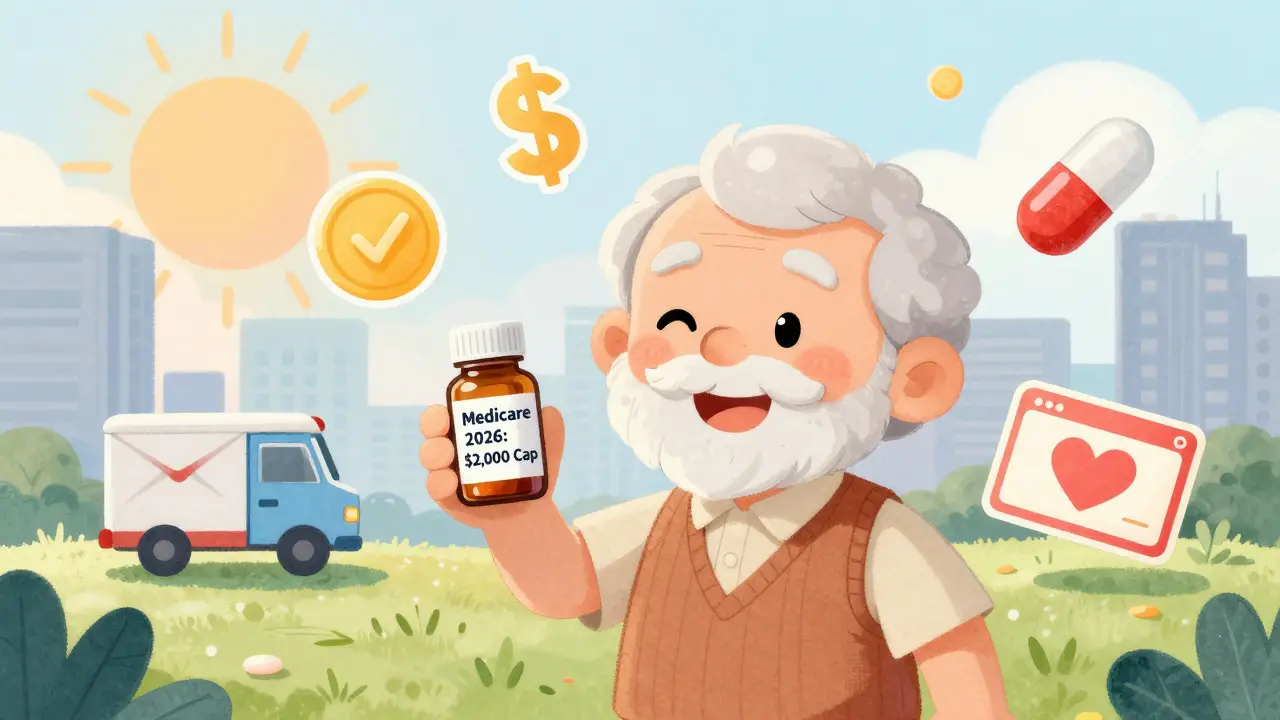 A senior smiles with a small pill bottle, surrounded by icons of savings and a rising sun over a city.