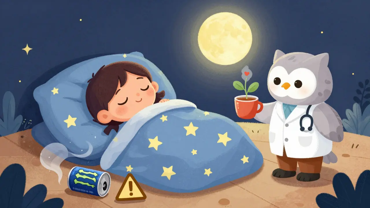 A sleeping child beside a broken energy drink can, while a doctor owl offers tea and a heart-shaped plant.