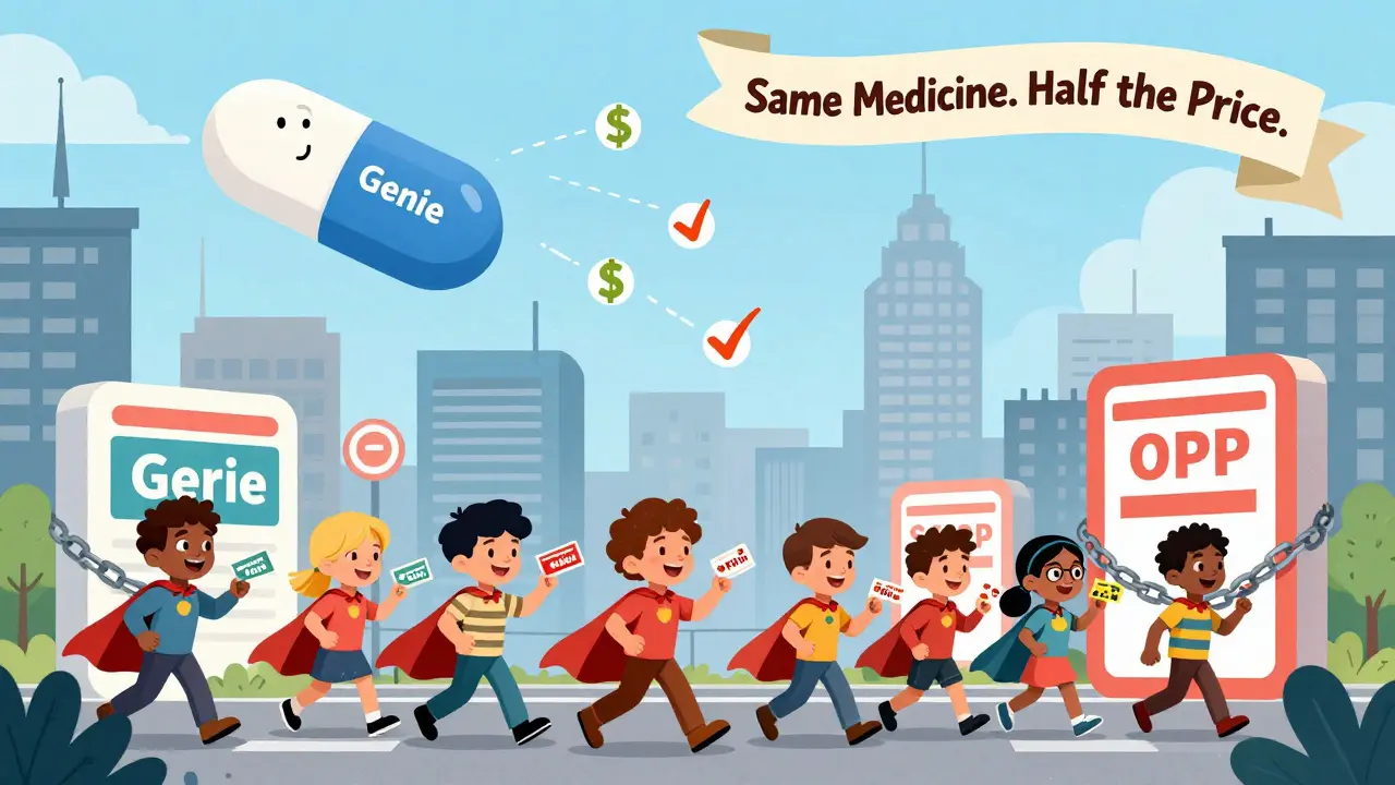 A superhero generic pill flies over a city, helping people save money with discount cards.