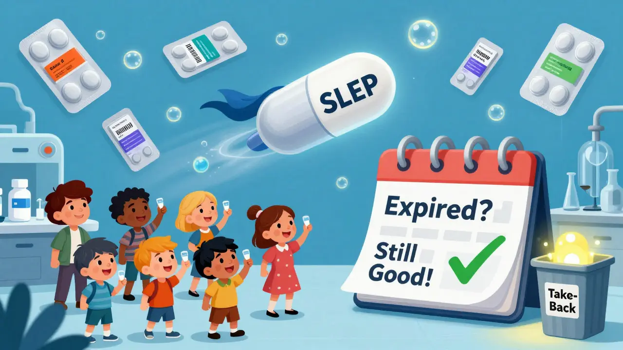 A superhero pill flying through a lab with advanced packaging tech, while people use medicine safely.