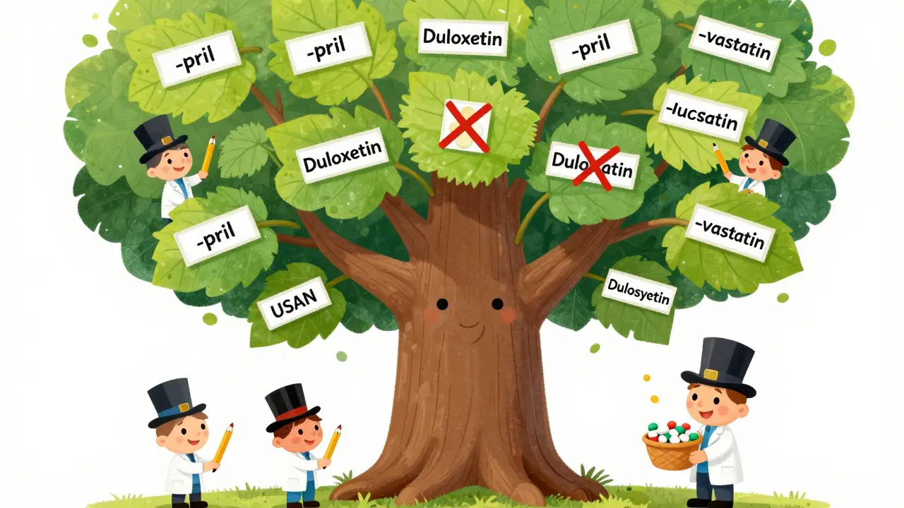 A tree with medicine label leaves, scientists labeling them to avoid confusing names.