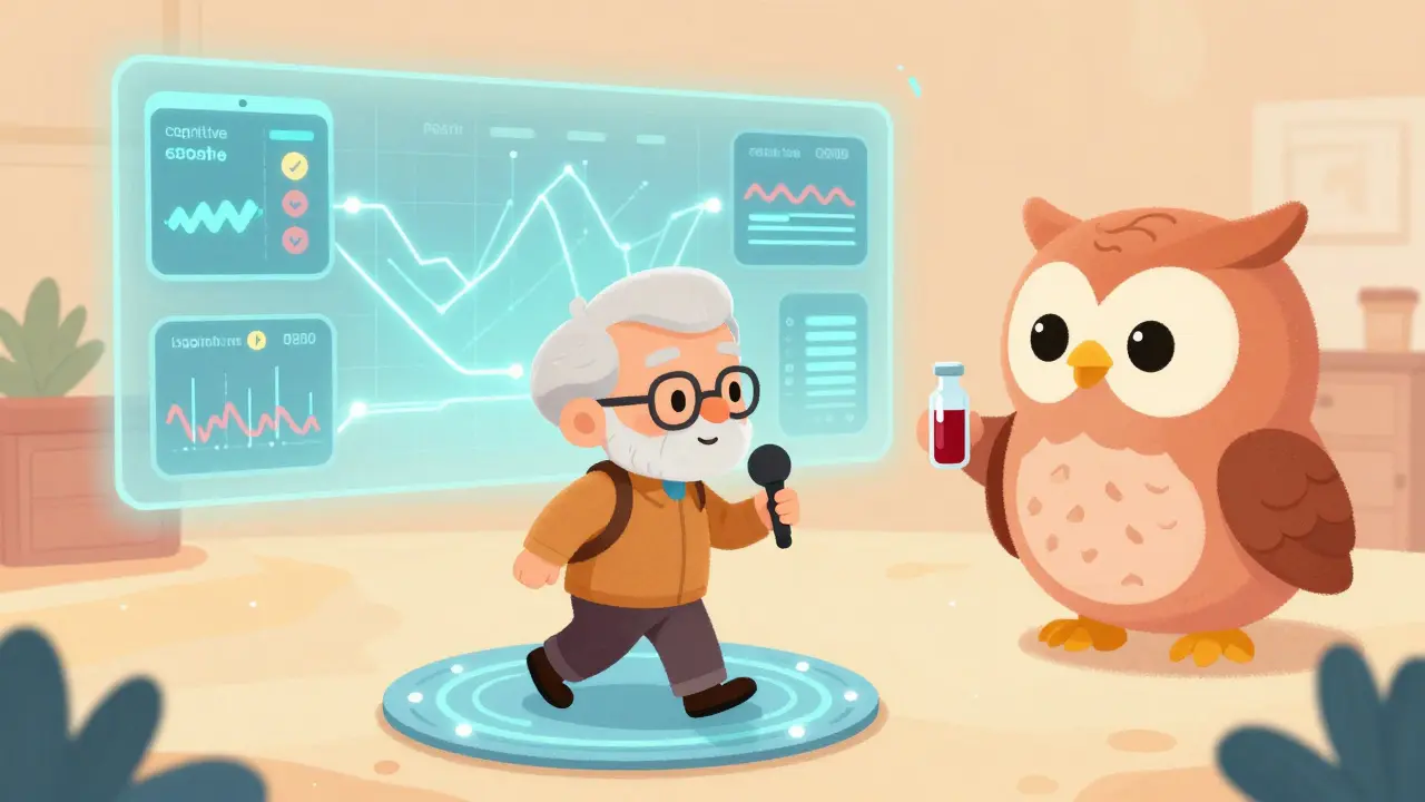 An elderly person receiving a multimodal health check with digital data streams floating above them.