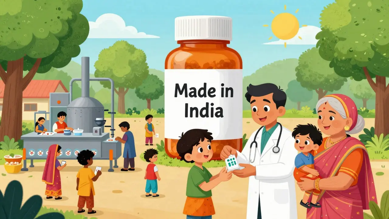 An Indian village doctor gives medicine to a grandmother and child, with a giant generic pill bottle in the background.