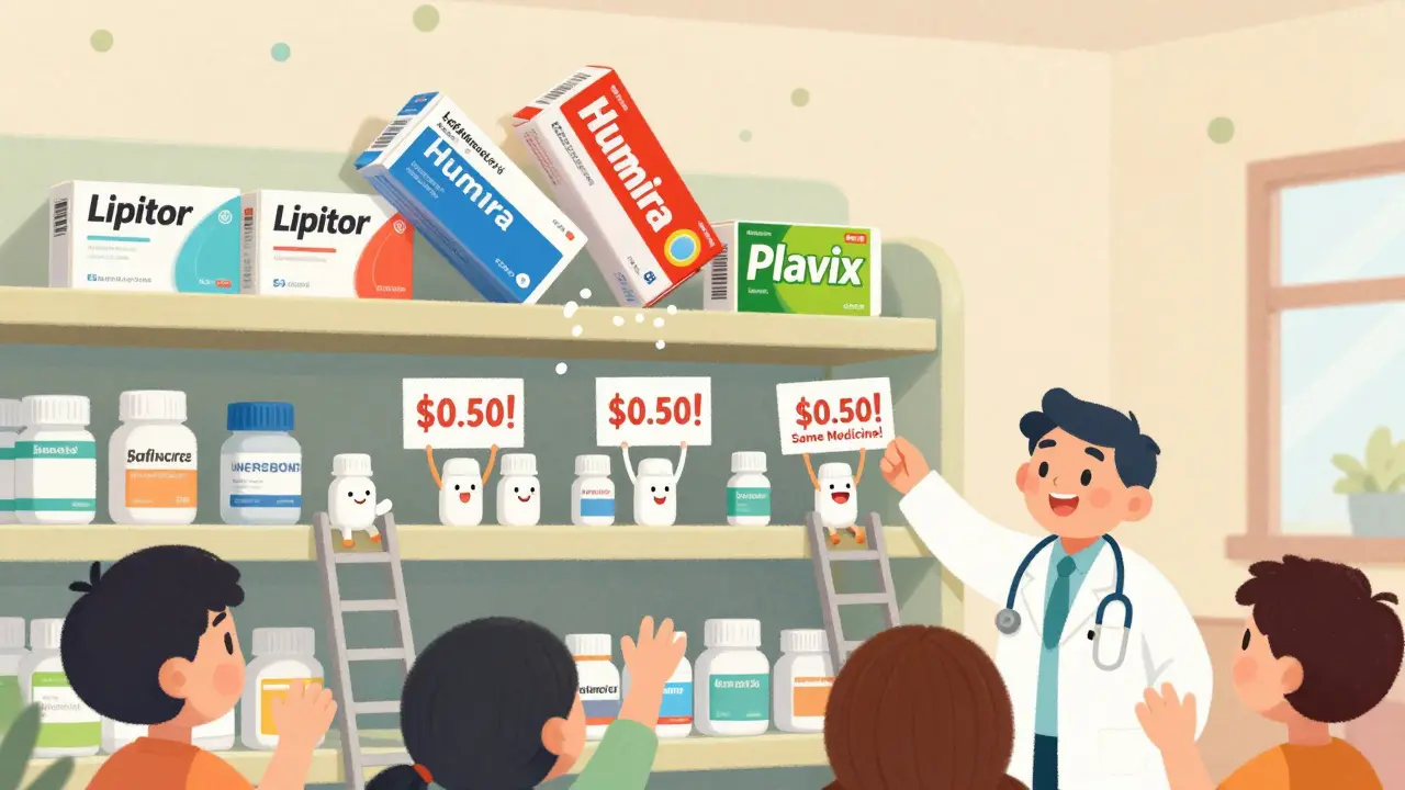 Brand-name medicine boxes falling off a shelf while friendly generic pills climb up to take their place.