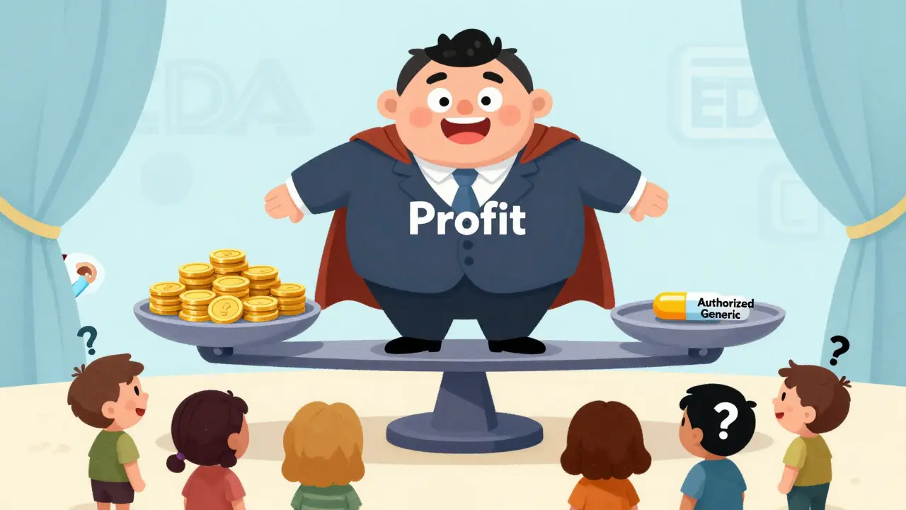 CEO in a profit cape balances gold coins against a small generic pill on a scale while patients watch.