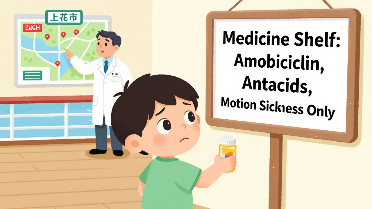 Child looking at a cruise ship medicine shelf with limited options.