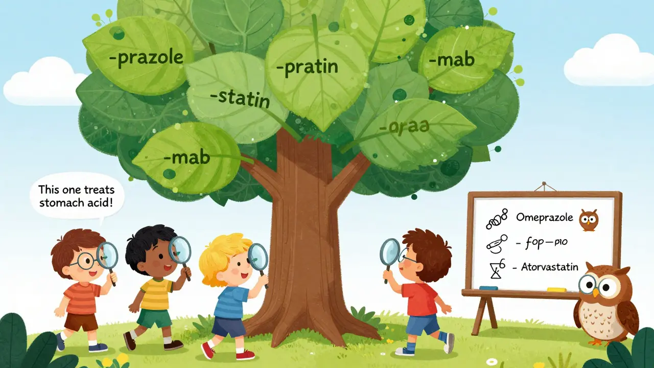 Children examine a tree with drug name leaves labeled by stems like -prazole and -statin, while an owl explains with a whiteboard.
