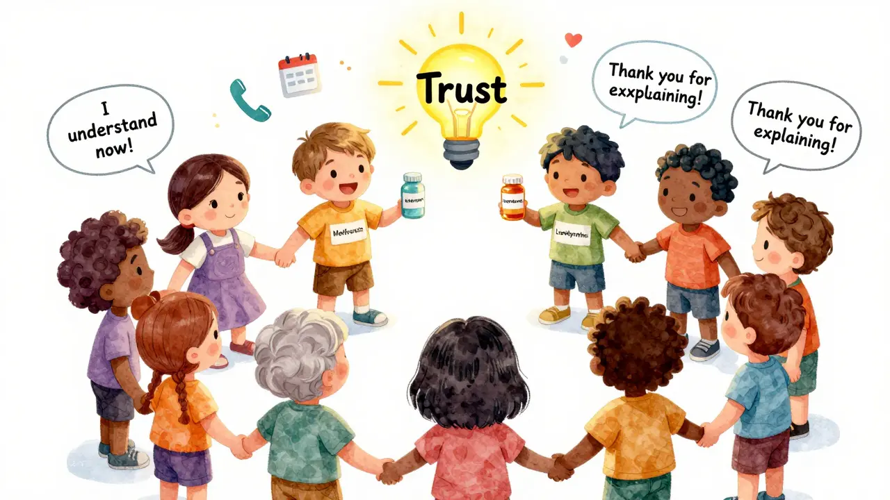Diverse patients hold pill bottles and connect in a circle, smiling as a lightbulb with 'Trust' glows above them.