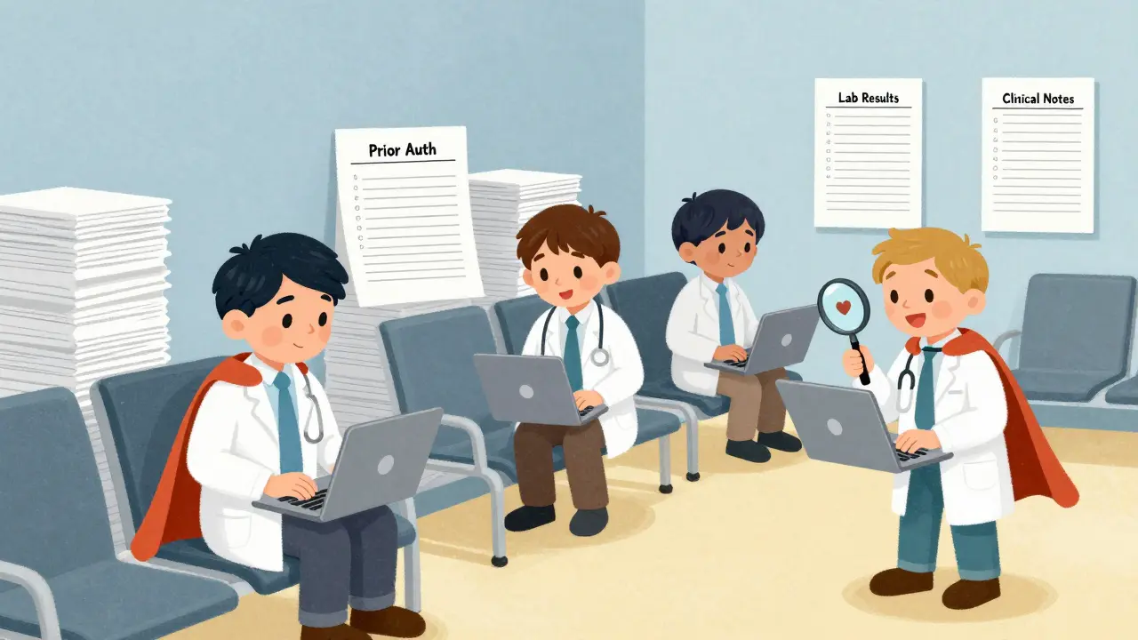 Doctors overwhelmed by paperwork in a clinic, using templates and magnifying glasses.