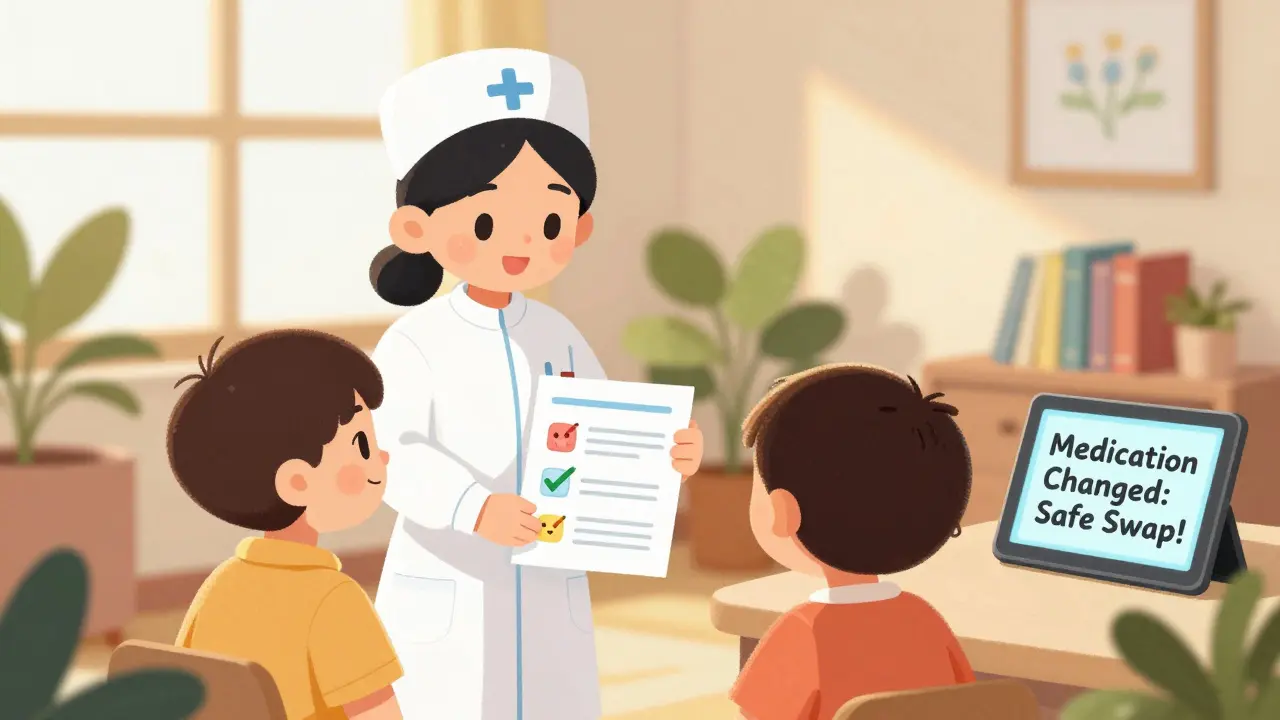 Nurse gives a child and parent a simple illustrated guide about a safe medicine swap with a tablet showing an alert.