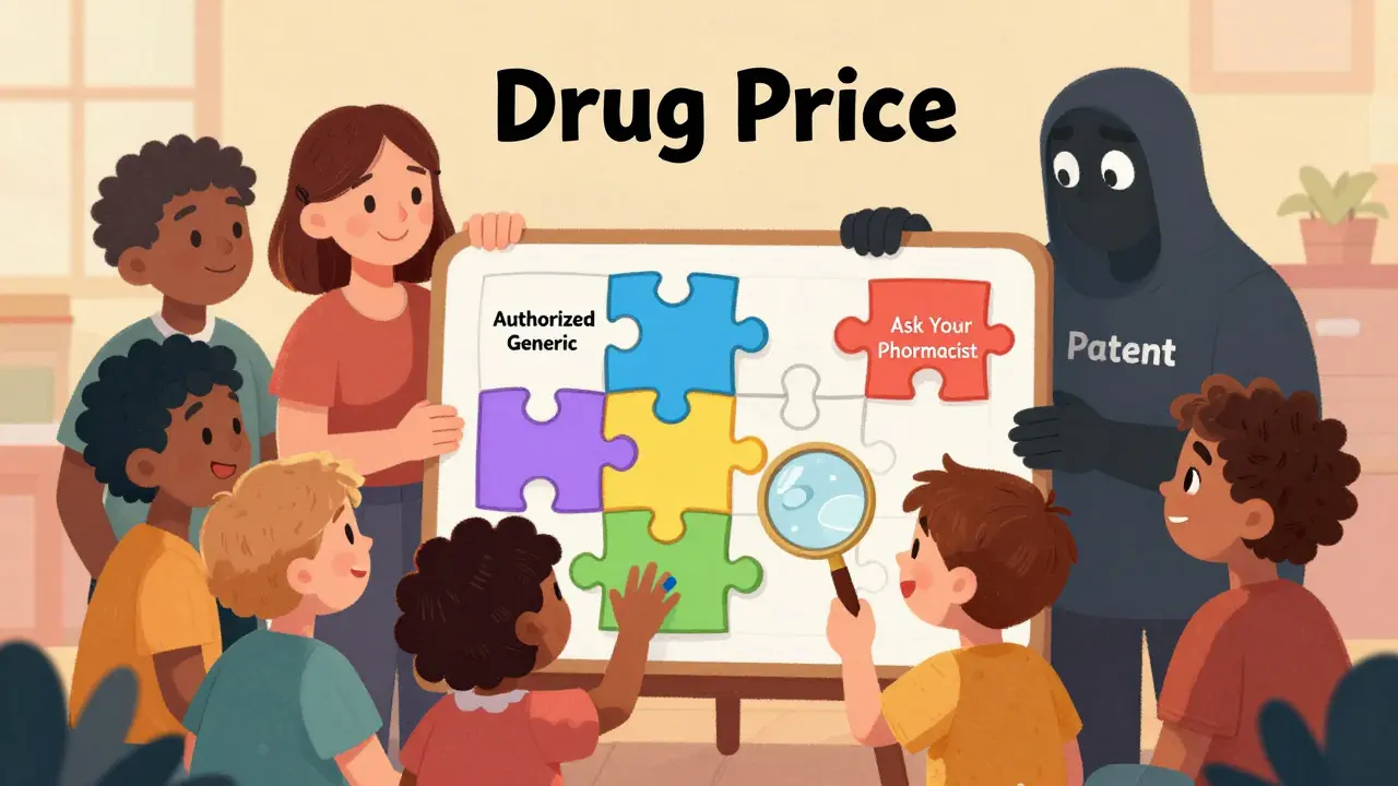 Patients try to complete a drug price puzzle with one piece missing, as a shadow blocks the rest.