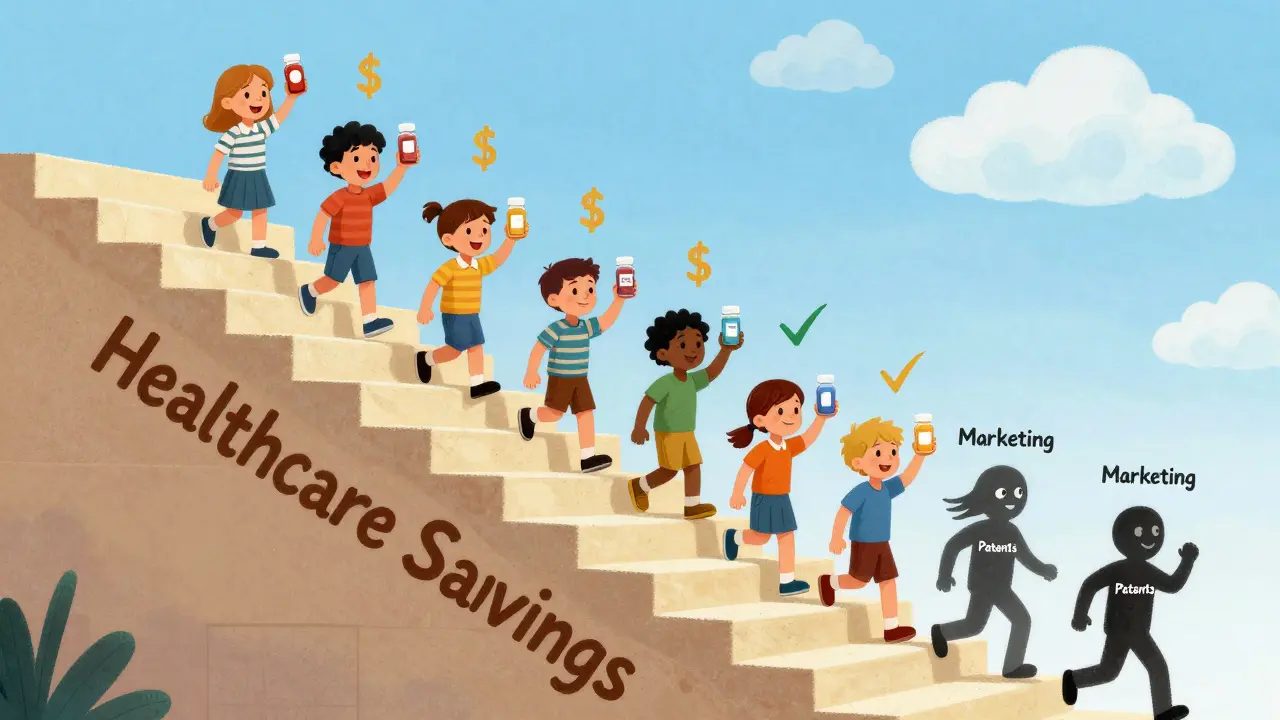 People climbing a savings staircase with generic pills, leaving behind marketing costs, under a bright sky shaped like checkmarks.