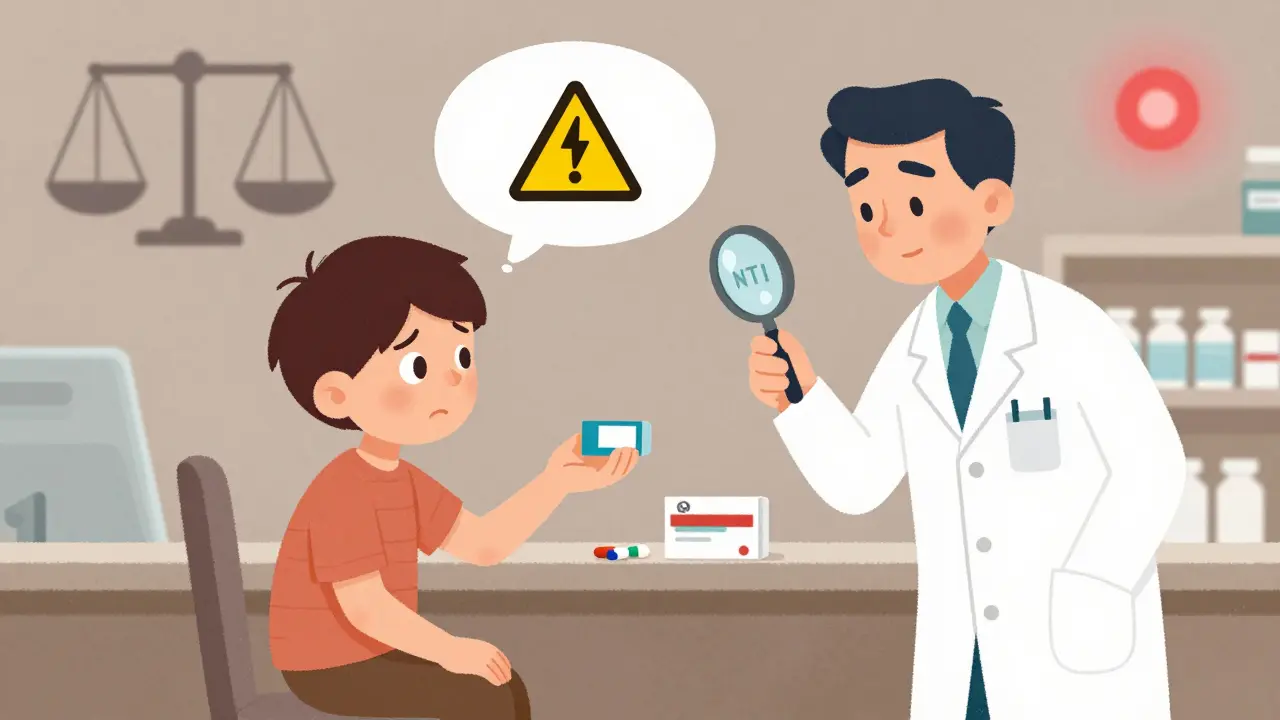 Pharmacist giving pills to a patient, with a neurologist pointing to a narrow therapeutic index warning.