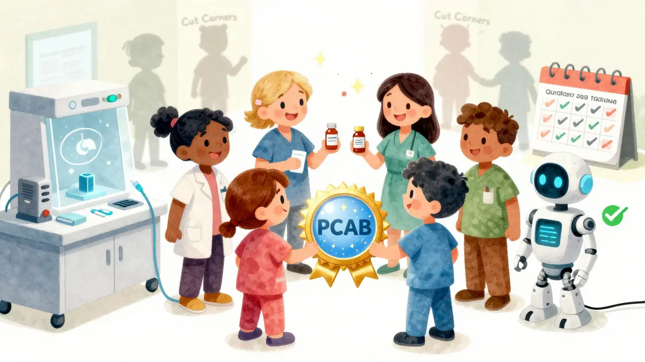 Pharmacy team celebrates around a PCAB accreditation badge with safety tools and happy patients nearby.