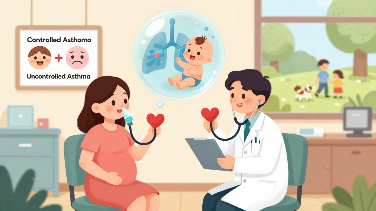 Pregnant woman with doctors in a clinic, oxygen flowing safely to her baby in a transparent bubble.