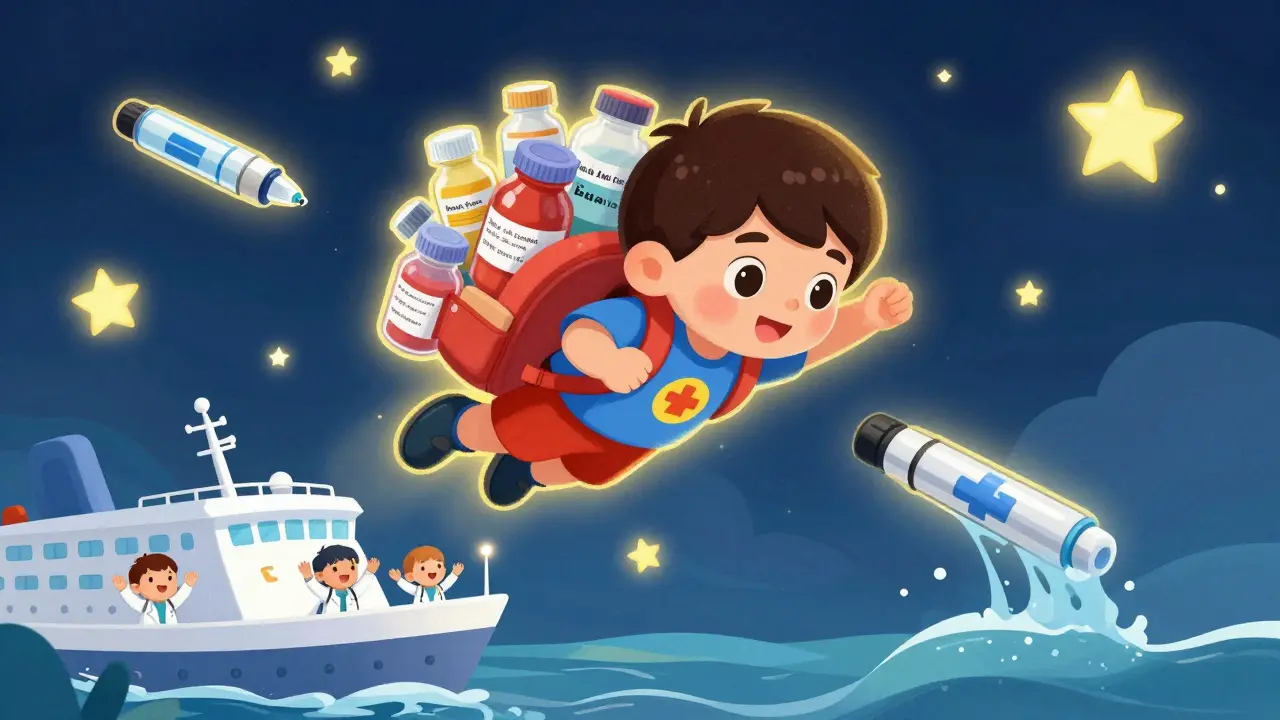 Superhero child rescuing medical supplies from falling overboard.