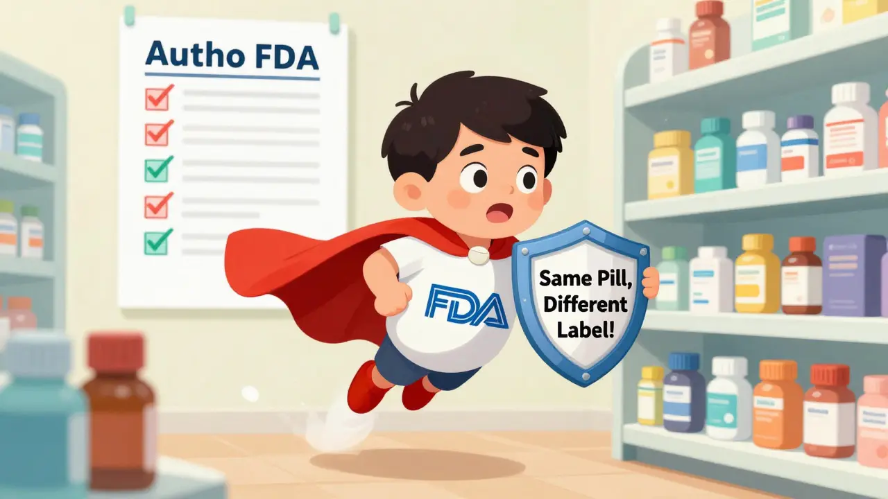Superhero pill labeled 'Autho-G' flying past pharmacy shelves, protecting patients from confusing generics.
