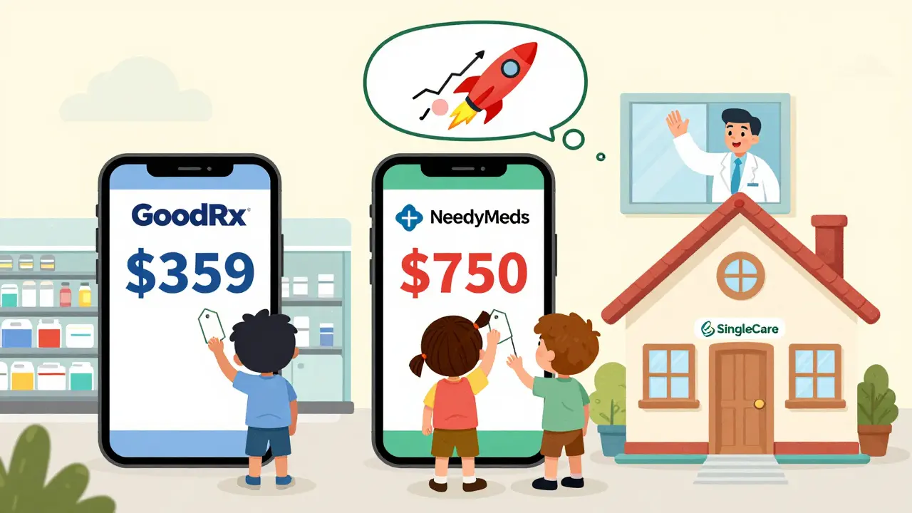 Three children compare drug prices on phones outside different pharmacies with colorful price tags.