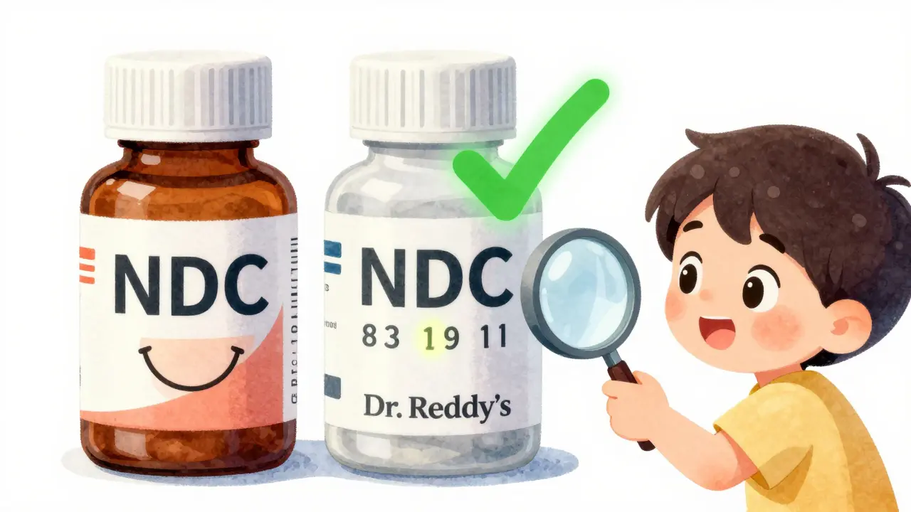 Two medicine bottles side by side with NDC codes, one flashy brand, one plain, with glowing matching middle numbers.