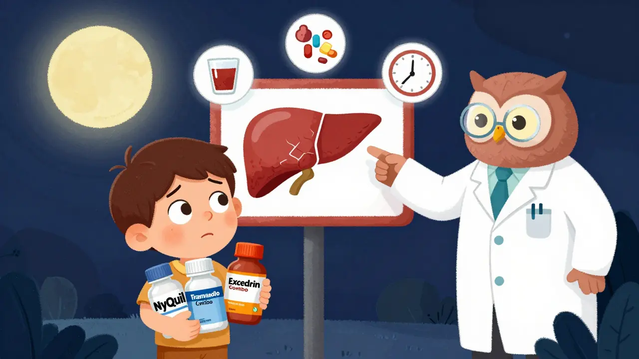 A boy surrounded by medicine bottles as a pharmacist owl warns him about liver danger and overdose risks.