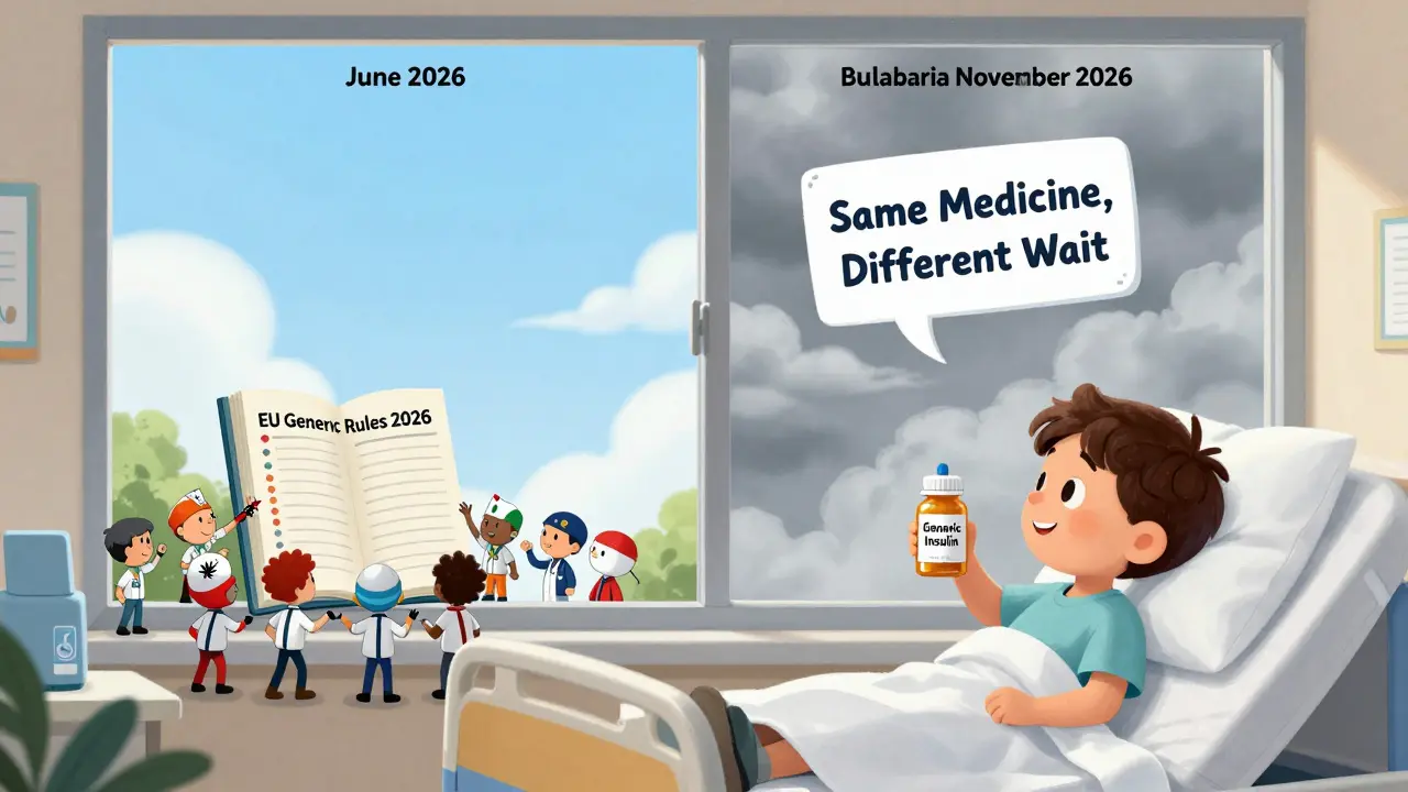 A child in a hospital looks out at two skies—one bright in Germany, one cloudy in Bulgaria—while tiny regulators argue over a rulebook titled 'EU Generic Rules 2026'.