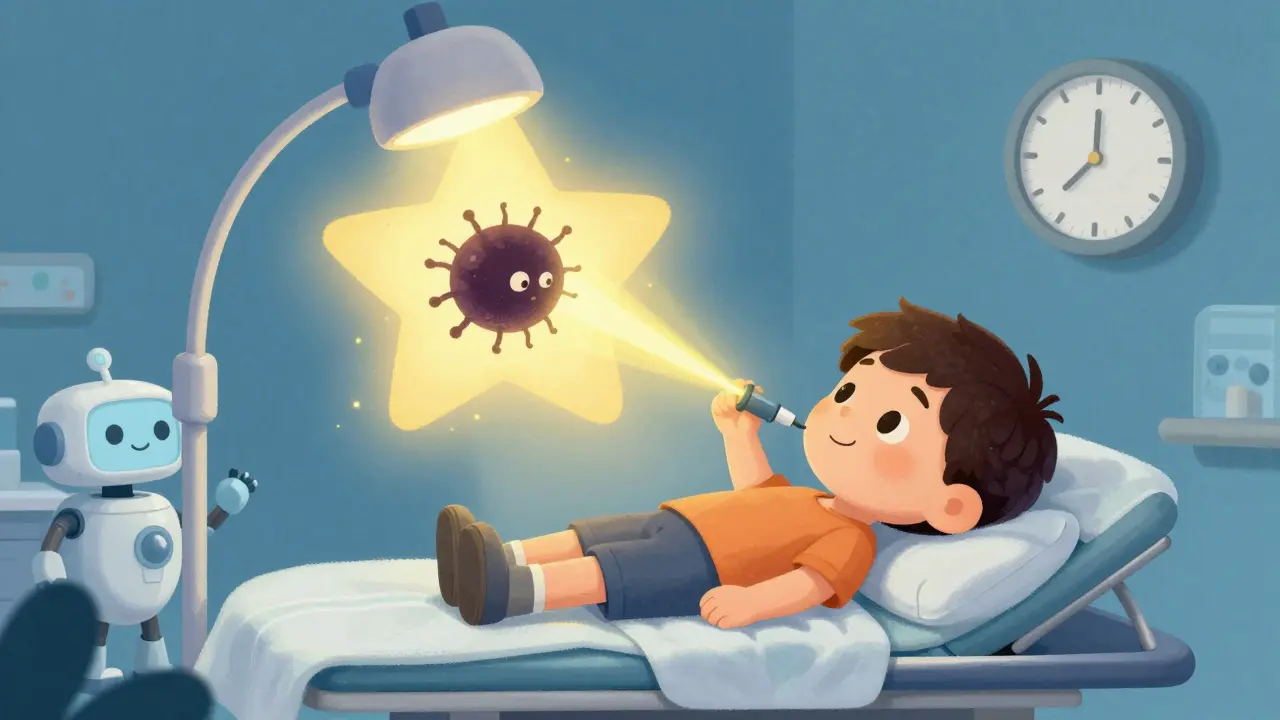 A child peacefully asleep as a gentle golden laser dissolves a dark seizure shape in their brain.