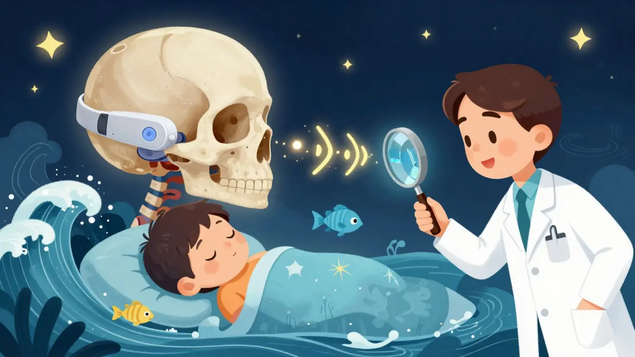A child sleeping with a hidden implant, sound waves glowing inside the skull as they dream of hearing the ocean.
