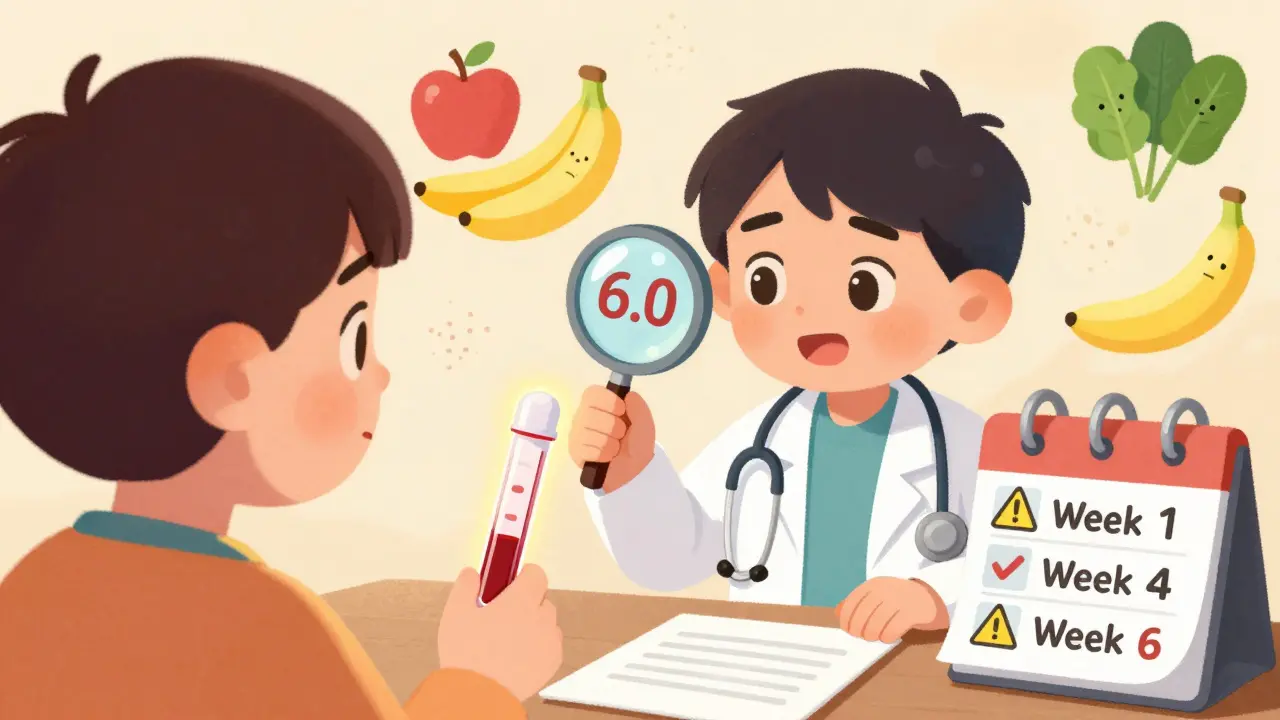 A doctor checks a blood test with high potassium reading, while a patient watches a calendar with warning weeks marked.