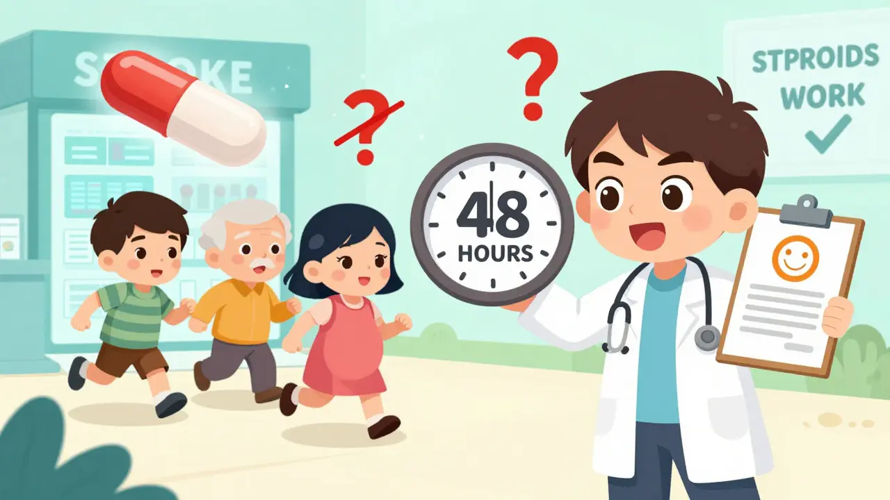 A doctor points to a clock urging quick action as patients rush to get prednisone pills to treat facial paralysis.