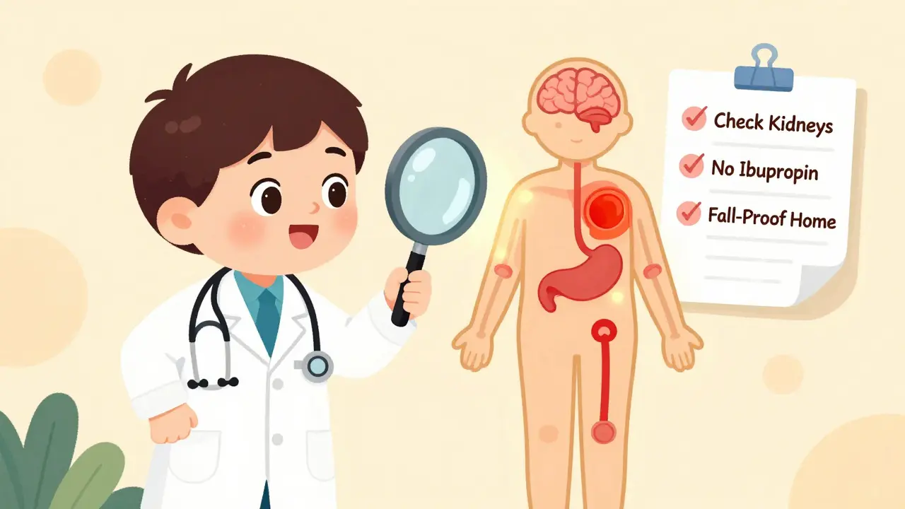 A doctor using a magnifying glass to show warning zones on a human body, with a checklist floating nearby.