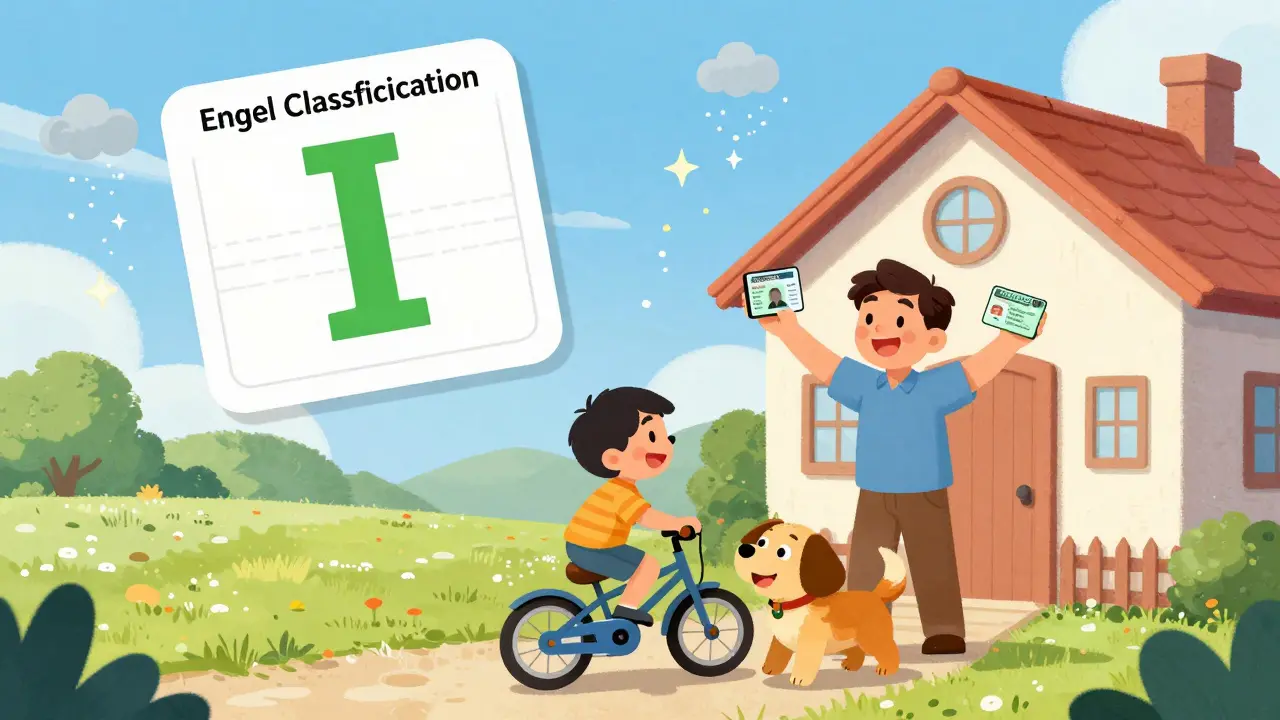 A family celebrates as a child rides a bike, with a green 'I' for seizure-free floating in the sky.