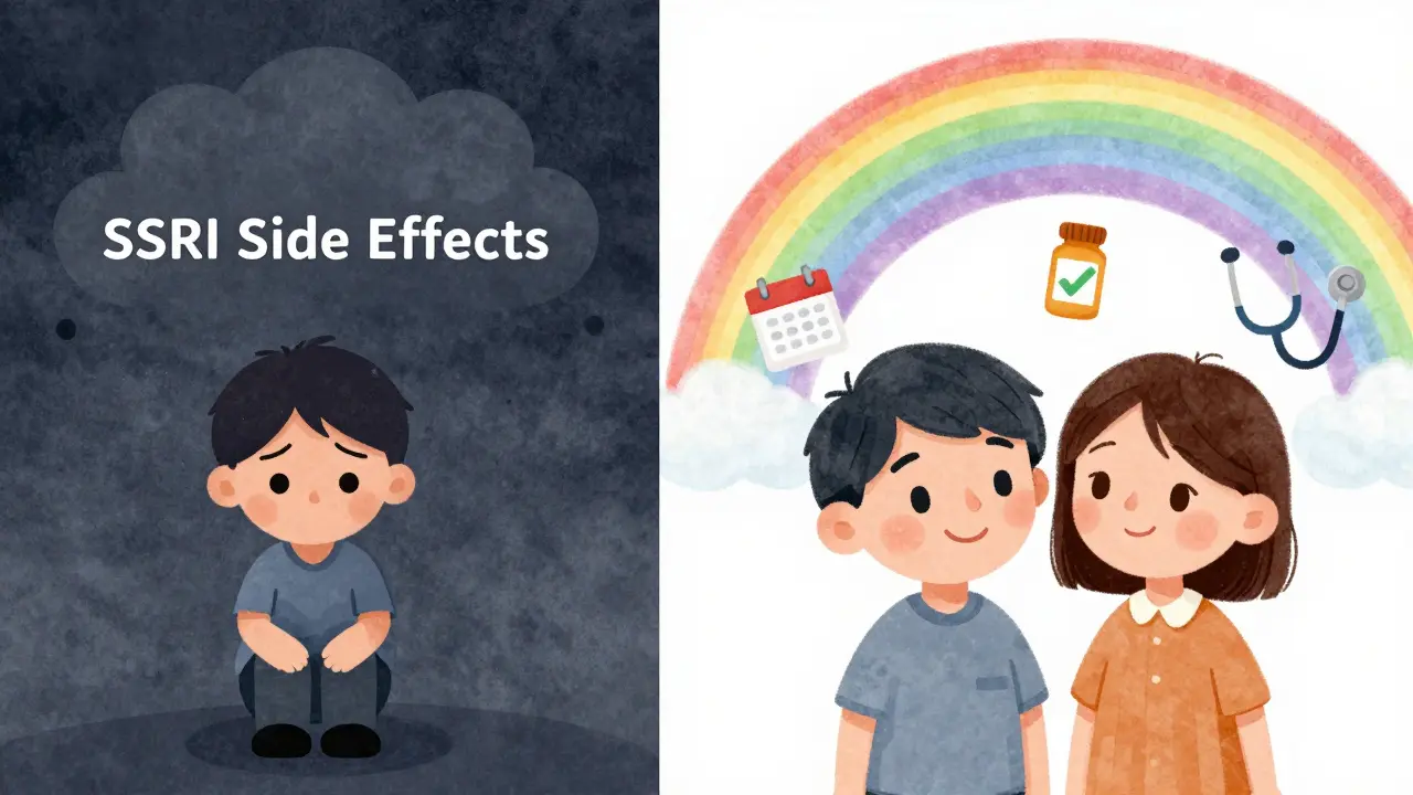 A person transformed from sadness to joy, with icons showing medication, time, and care as pathways to healing.