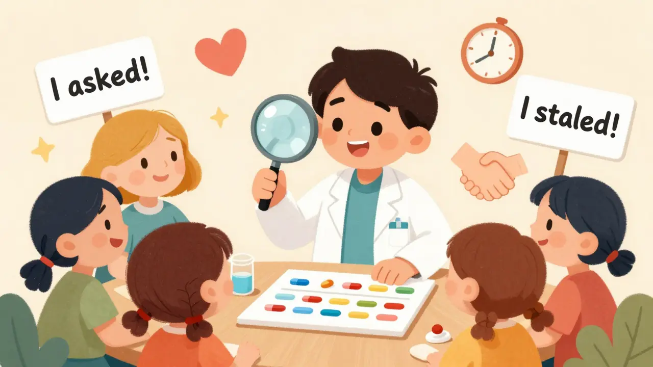 A pharmacist explaining medication options to smiling patients, with supportive symbols floating around them.