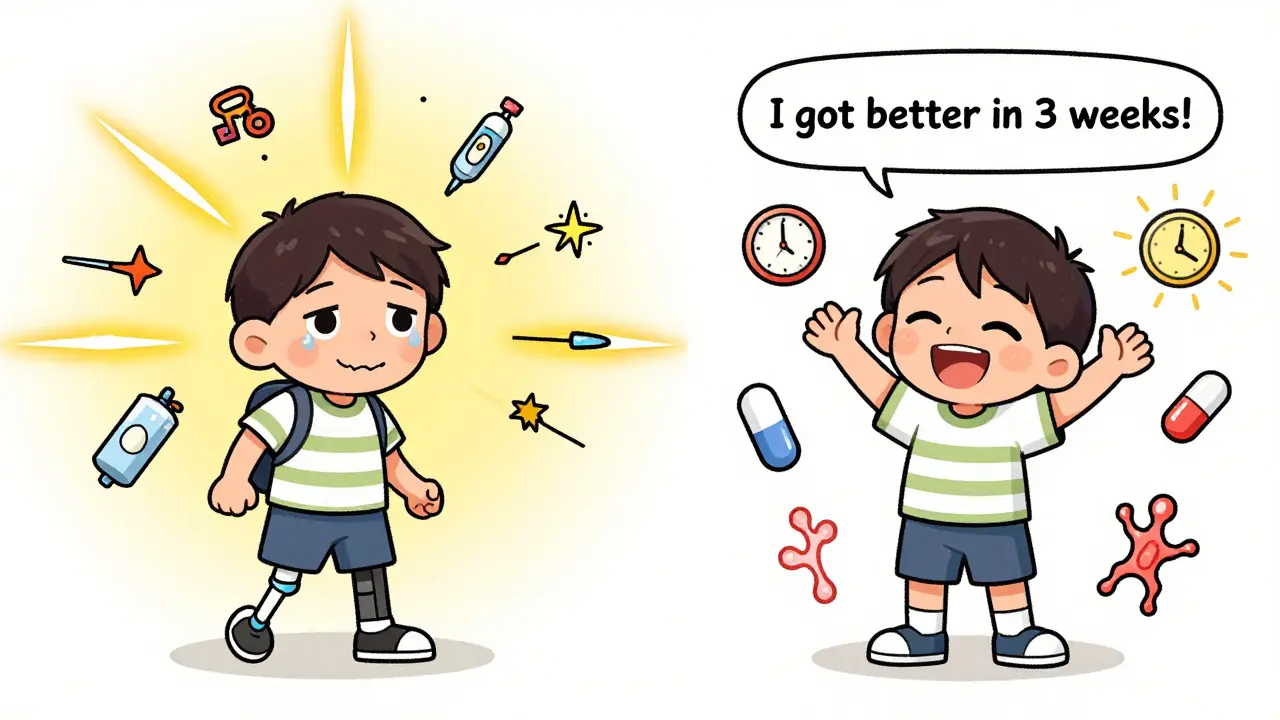 A split image shows recovery from Bell’s palsy: confusion on one side, full smile and healing on the other.