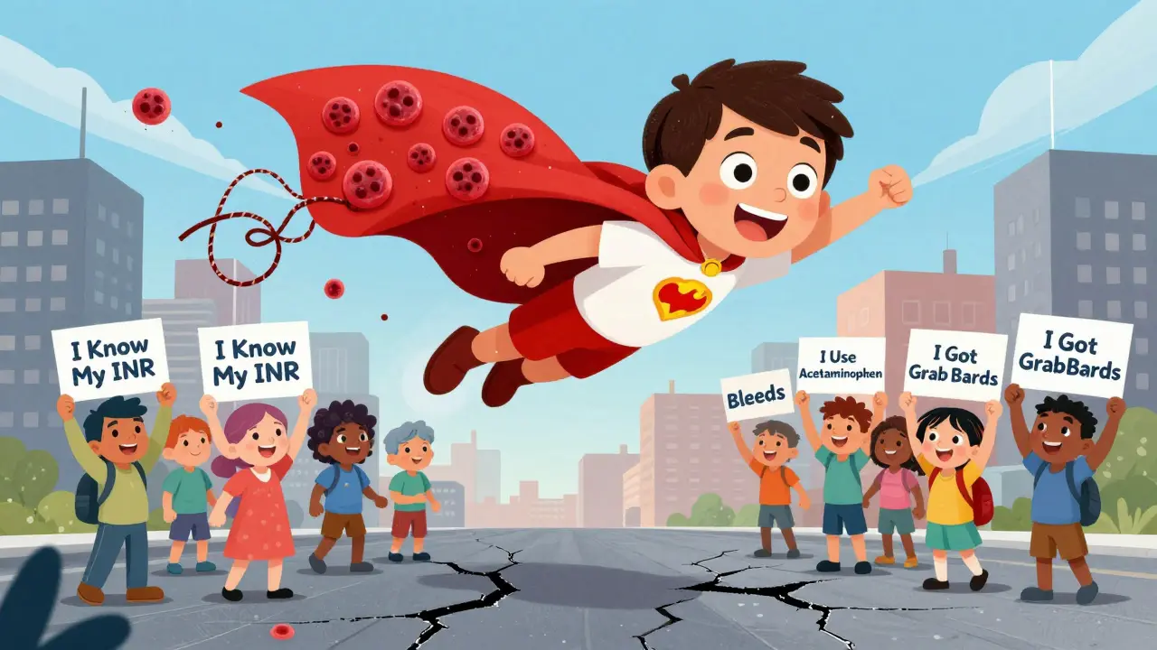 A superhero cape made of blood cells flying over a city, with clots and bleeds on opposite sides, patients holding safety signs.