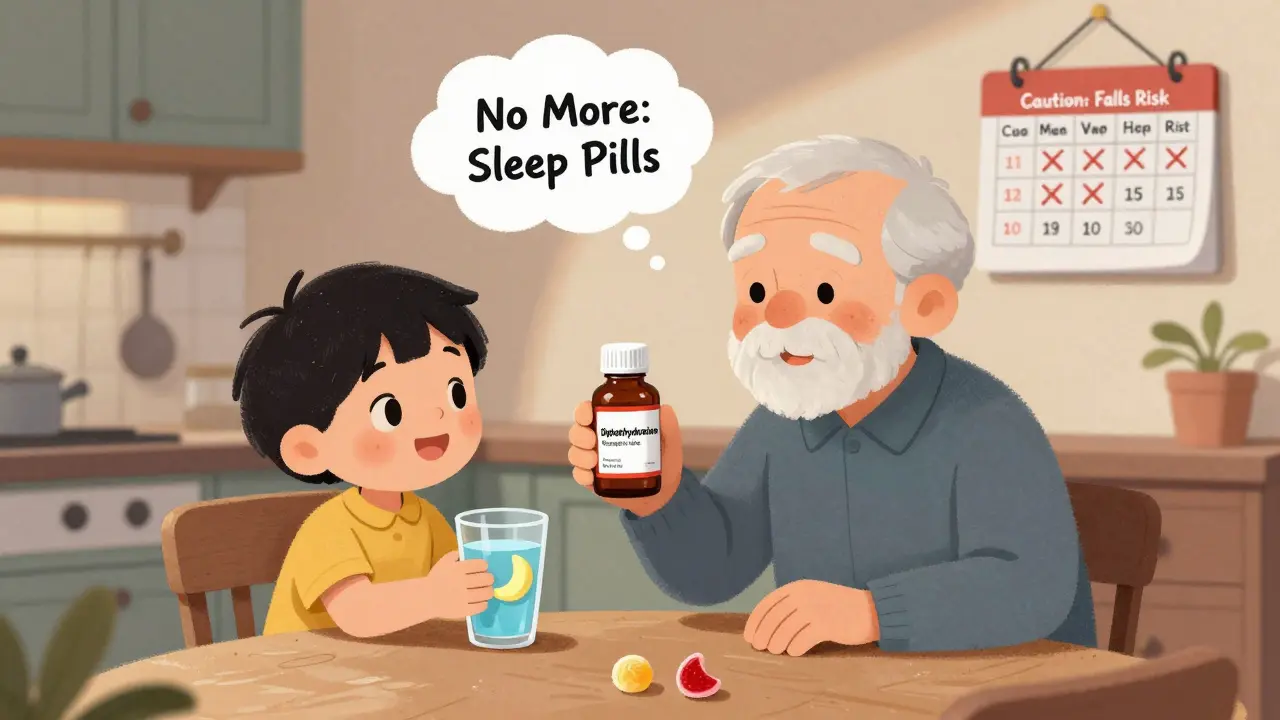 An elderly person and child at a kitchen table, with a caution cloud above a sleep aid pill and a moon-shaped melatonin gummy offered instead.