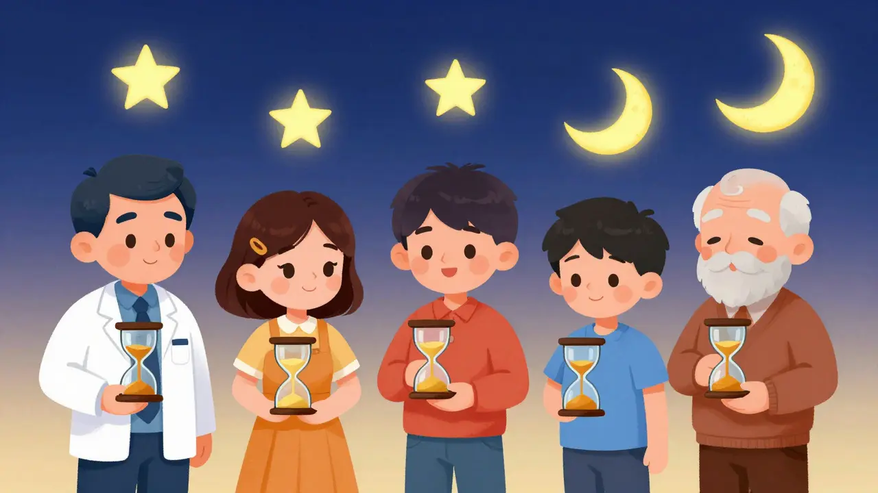 Diverse people hold hourglasses with sand flowing only during their eating times, as night and day gently transition around them.