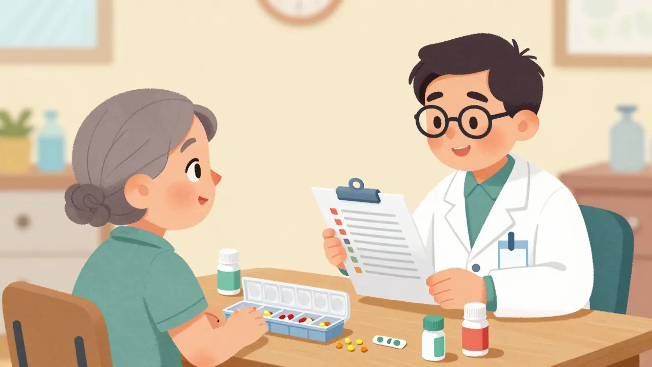 Elderly patient and pharmacist discussing medication safety with pill organizer
