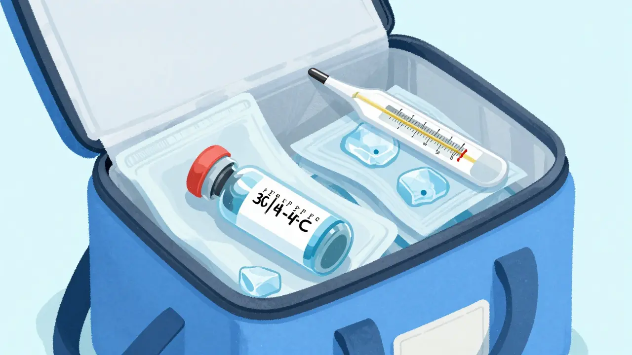Insulin vial in cooling wallet with ice packs, thermometer showing safe temperature.