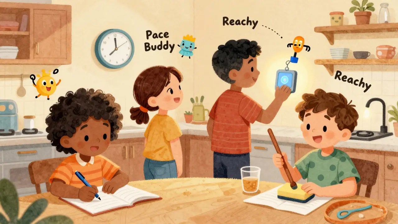 People in a kitchen using adaptive tools like weighted pens and voice controls to perform daily tasks with ease.