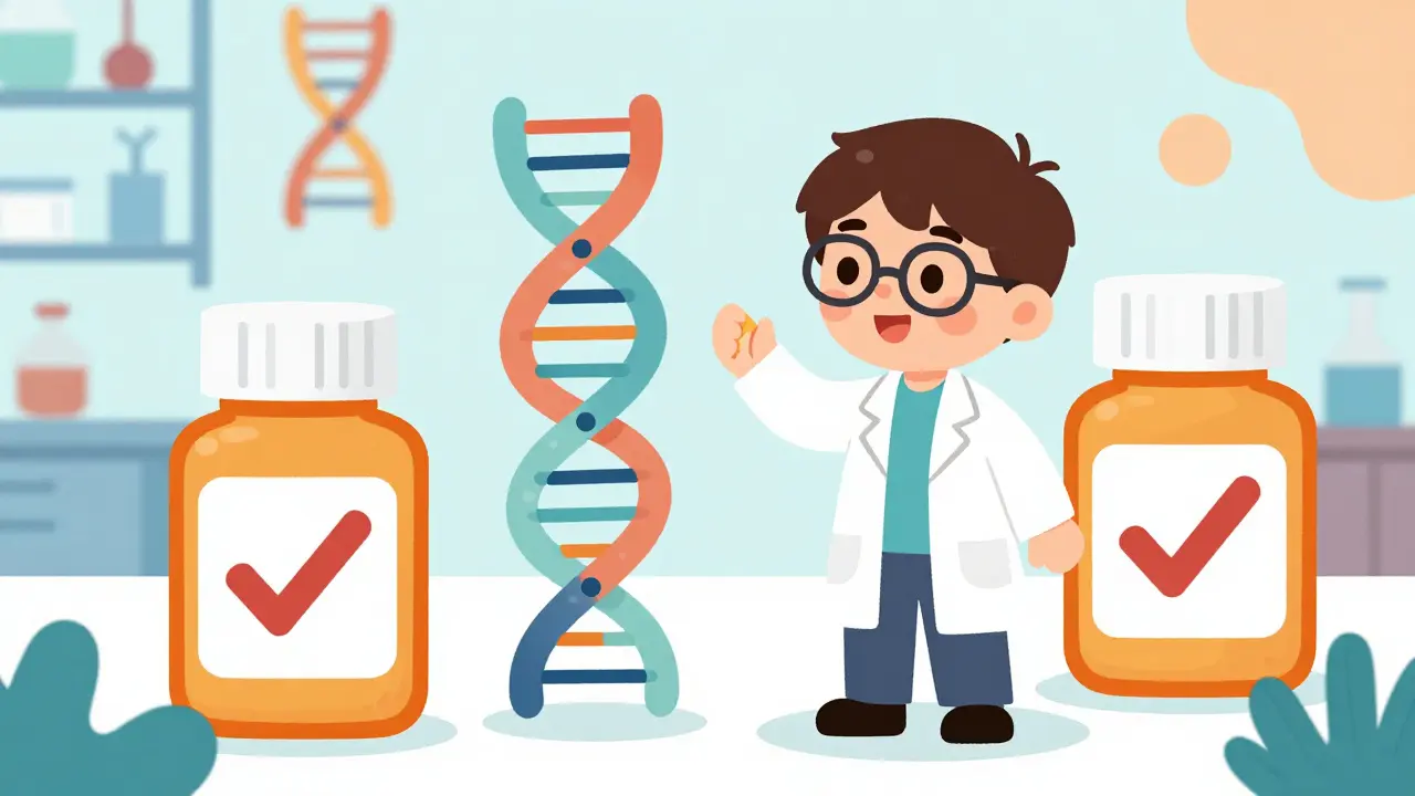 Scientist testing DNA for medication safety with checkmark symbol