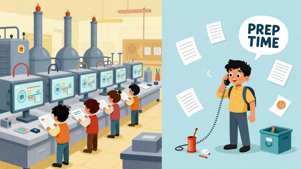 Side-by-side comparison of a prepared foreign factory versus a real-time U.S. factory under inspection.