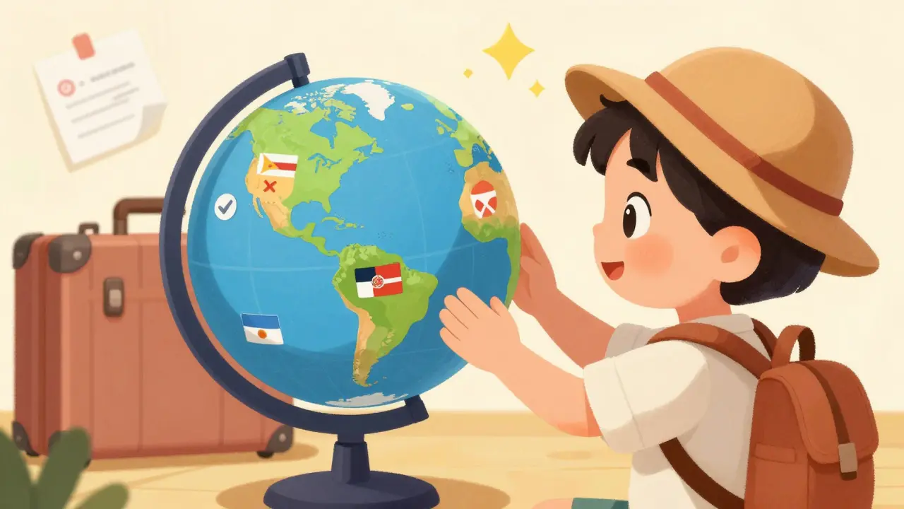 Traveler examining globe with country flags showing medication rule symbols.