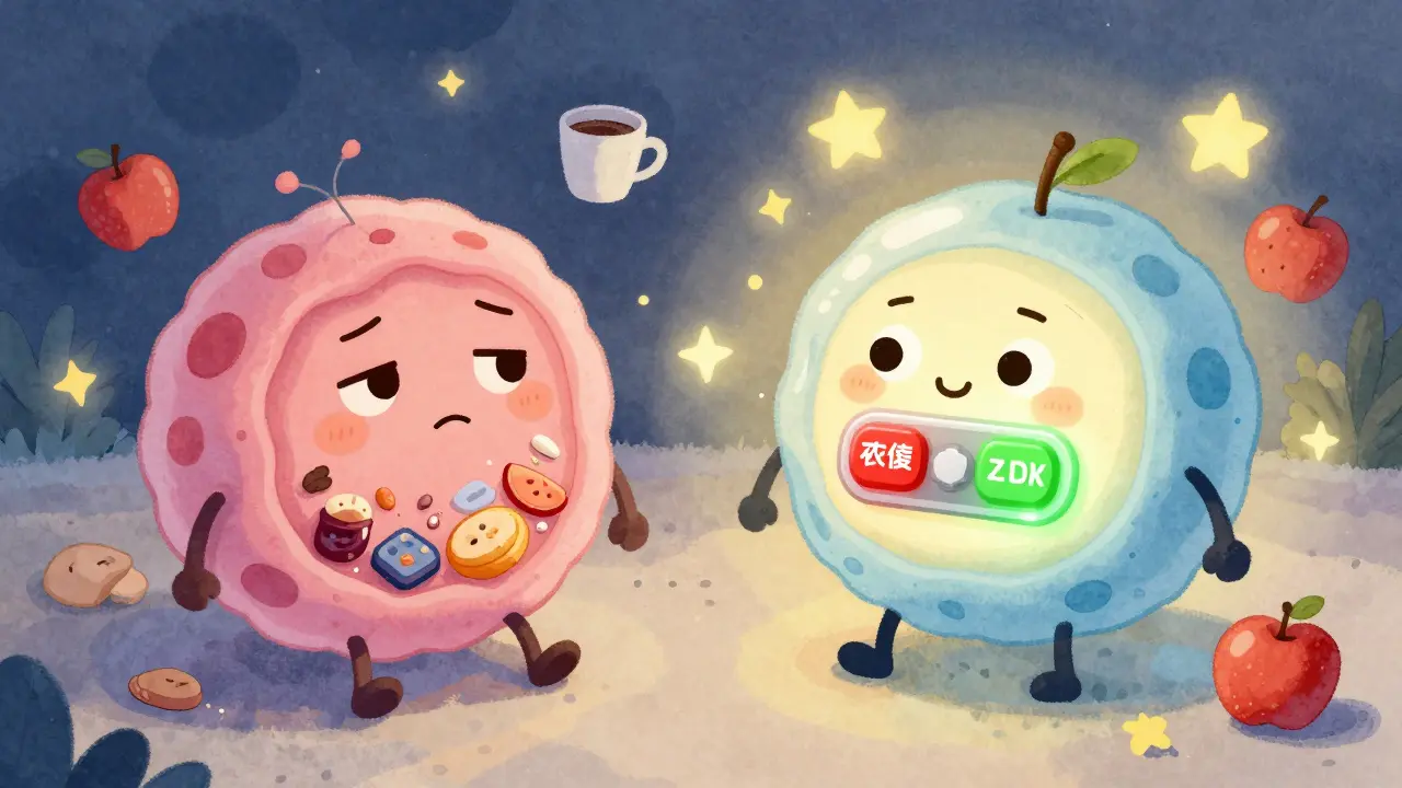 Two cartoon cells in a body—one messy at night, one clean at dawn—with a glowing switch changing from red to green.