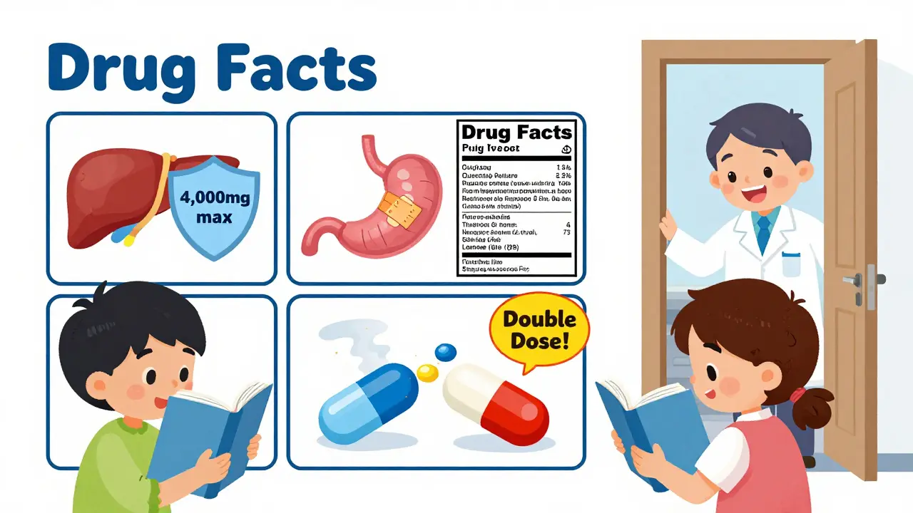 Two children examining a magnified Drug Facts label with illustrated warnings about liver, stomach, and overdose risks.