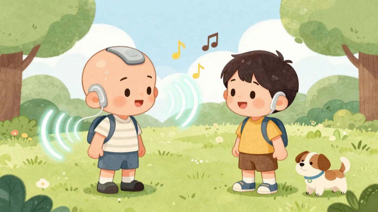 Two children in a park, one with a bone-conduction implant, sound waves showing how hearing works through bone.