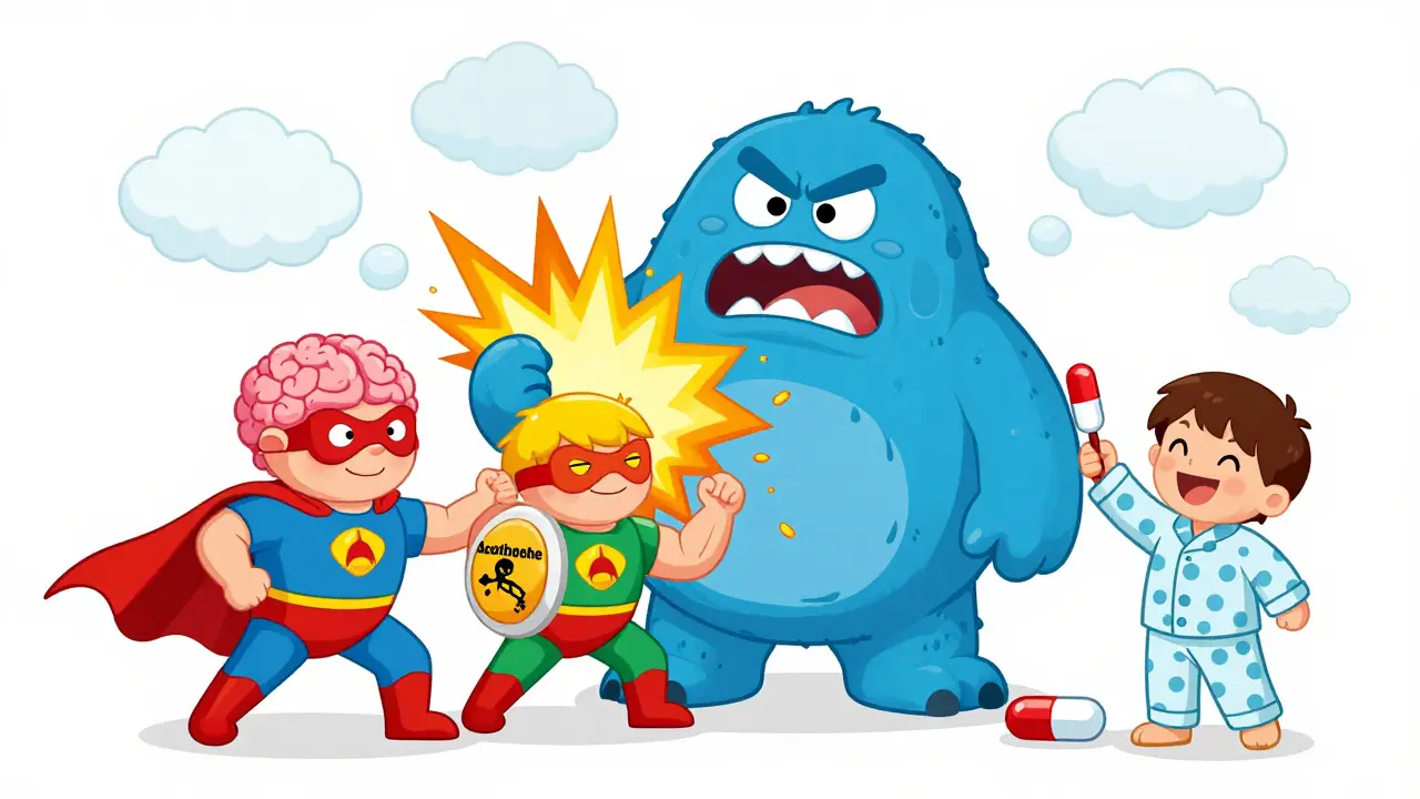 Two pill superheroes—brain and muscle-themed—team up to defeat a pain monster while a child watches happily.