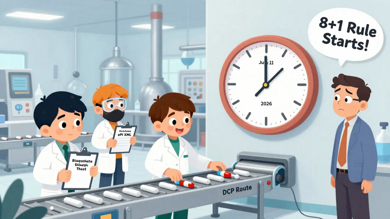 Workers in a factory handling generic drug paperwork and a clock ticking to July 1, 2026, as one worker from India sends a pill down a conveyor belt.