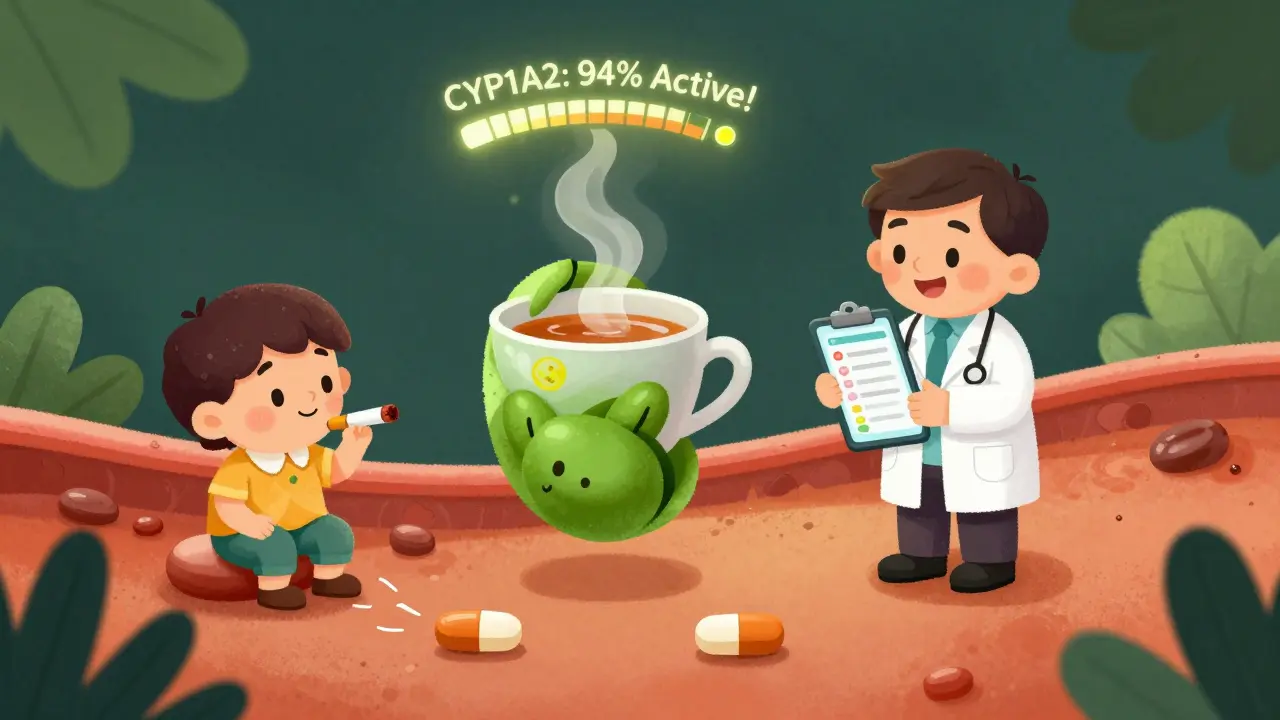 A caffeine bean with a meter showing enzyme activity, while a doctor checks a smartphone app reading.