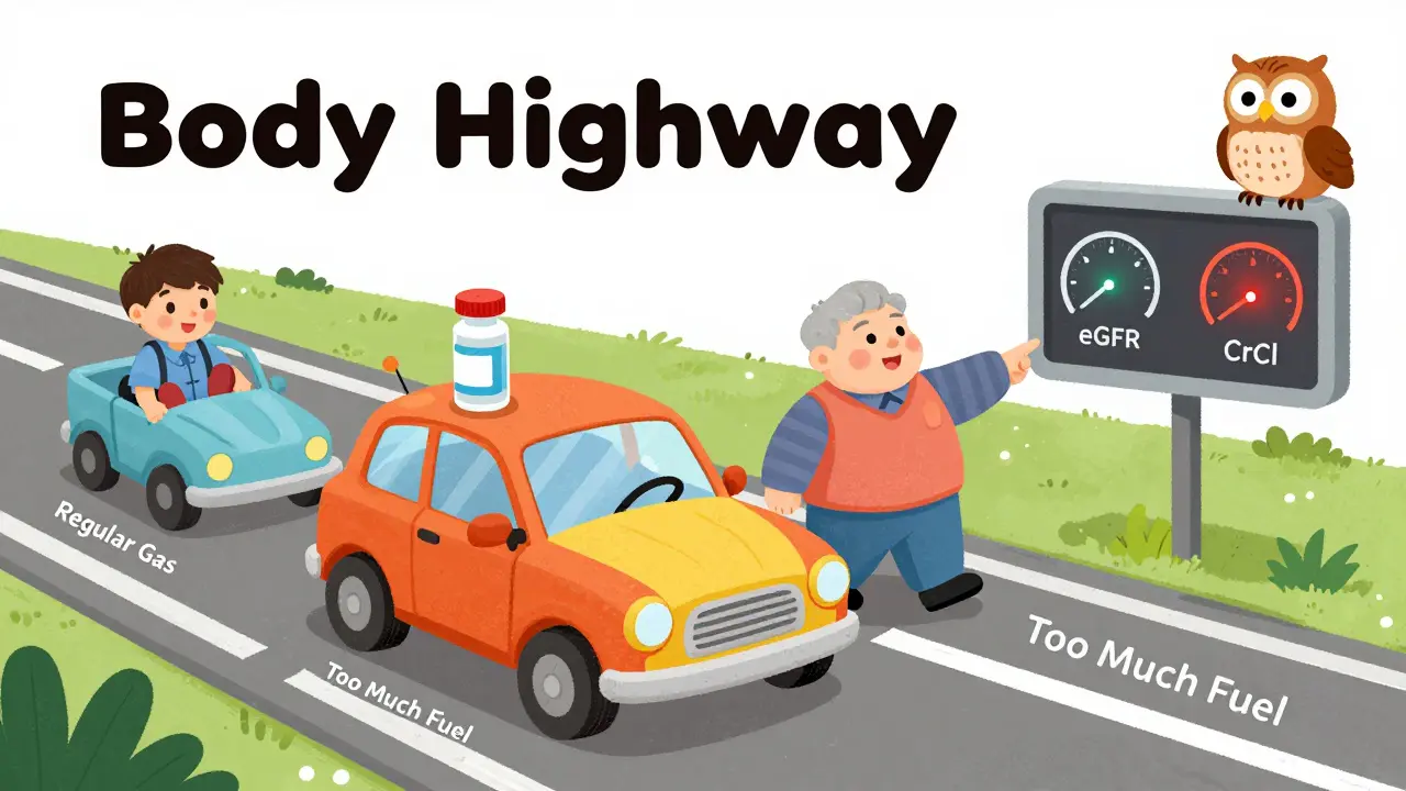 A car with a medicine bottle engine drives down a road with different fuel types for different body types.